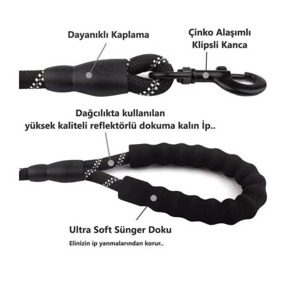 Köpekler İçin Gezdirme Tasması Reflektörlü 130 cm Halat Orta ve Büyük Boy Köpekler İçin Siyah - 3