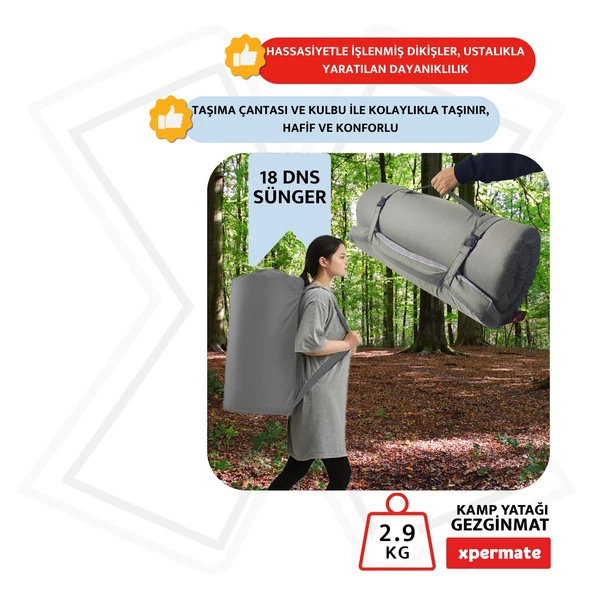 XPERMATE GezginMat Kamp Yatağı Taşıma Çantalı Kamp Matı Fermuarlı Kamp Minderi Çadır Matı Su itici Kumaş 90x190x6cm - Resim 4