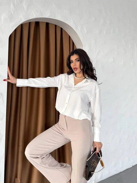 Saten Gri Simli Oversıze Uzun Kollu Düğmeli Gömlek - 9