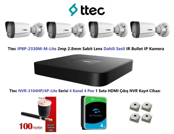 Ttec 2mp Mikrofonlu 4 Kameralı 4TB Disk Tak Çalıştır Hazır IP Kamera Seti ürün görseli 1