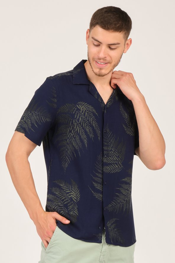 Mascarano Dökümlü Palm Desenli Erkek Kısa Kol Gömlek Lacivert