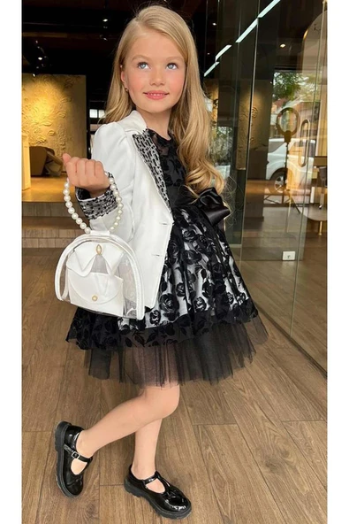 Kız Çocuk Yakası Pulpayet İşlemeli Blazer Beyaz Ceket Üzeri Gül Detaylı Şeffaf Tül Kolsuz Elbise