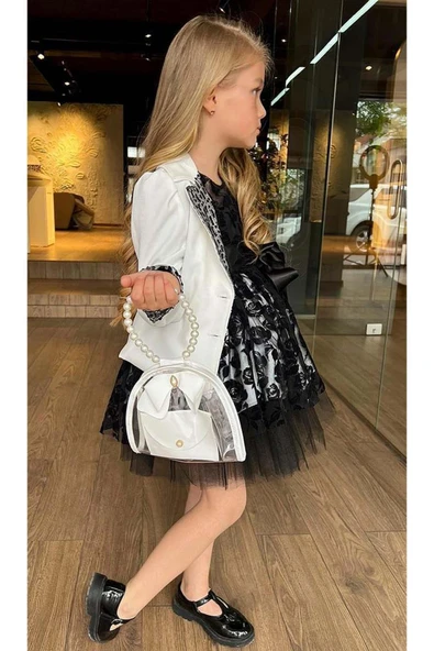 Kız Çocuk Yakası Pulpayet İşlemeli Blazer Beyaz Ceket Üzeri Gül Detaylı Şeffaf Tül Kolsuz Elbise - 6
