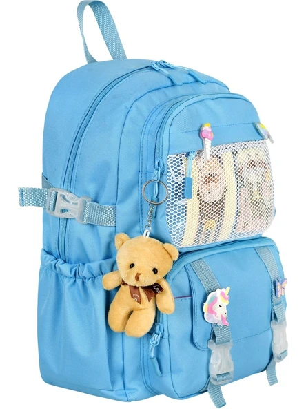Waddell Kawaii Kore Tarzı Aksesuarlı İlkokul Sırt ve Beslenme Çantası Mavi 25001 - 3