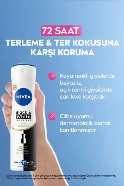 NIVEA Kadın Sprey Deodorant Black&White Invisible İpeksi Pürüzsüz 150ml, 72Saat Anti-perspirant Ter Koruma - 3