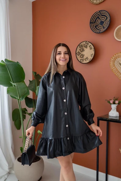 Siyah Eteği Büzgülü Deri Elbise - 8