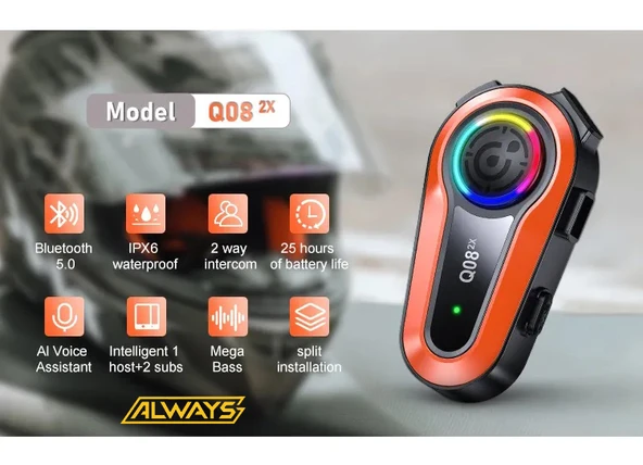 2 ADET Q08 2X 1000m Telsiz Mesafeli Özellikli 2 Kişi Bağlantılı Bluetooth Kask Kulaklık Ekranlı Fenerli Mü - 2