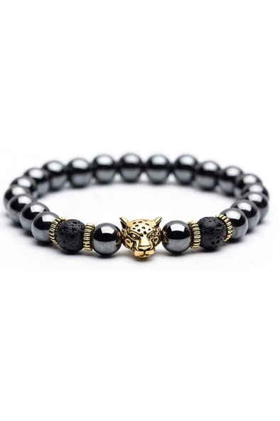 Doğal 2 Lava/Amatit Taş 4 Ayraçlı Gümüş Lepoar Elastik Silikon Bileklik