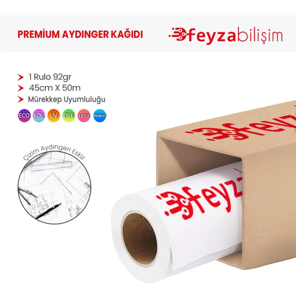 Feyza Bilişim Plotter  Aydınger (Çizim) Kağıdı  92gr  Rulo 45cm x 50mt (1 Rulo) - 1