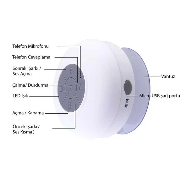 Su Geçirmez Mini Bluetooth Duş Hoparlörü (Beyaz) - 3