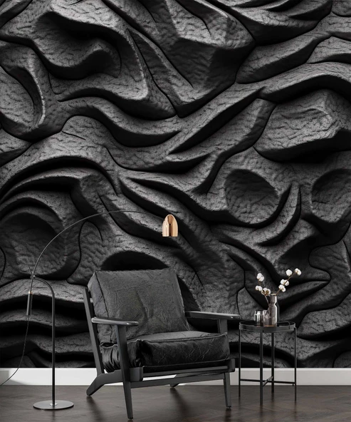 3 Boyutlu Siyah Kabartmalı Duvar Kağıdı Baskı - Resim 6