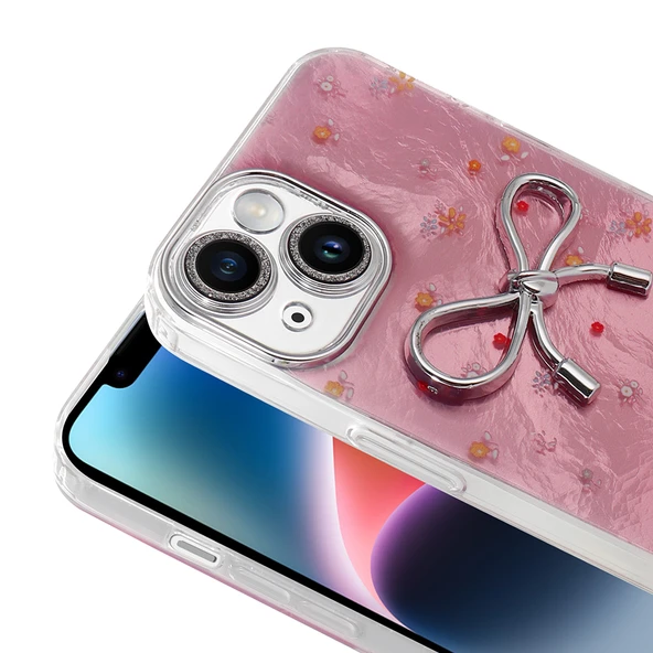 Apple iPhone 13 Kılıf Kamera Korumalı Fiyonk Kalp Figürlü Ponti Kapak - 3