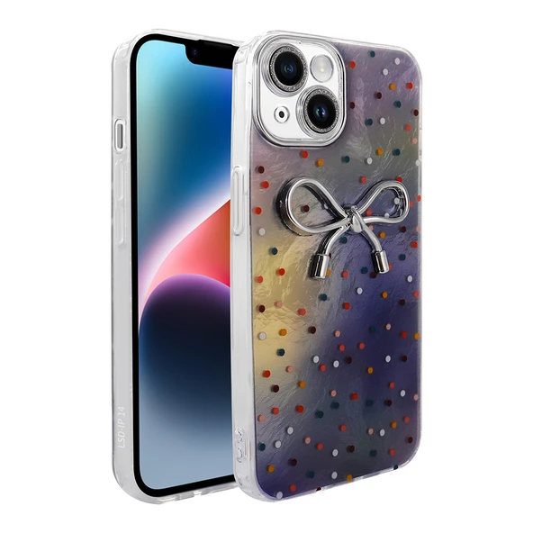Apple iPhone 13 Kılıf Kamera Korumalı Fiyonk Kalp Figürlü Ponti Kapak