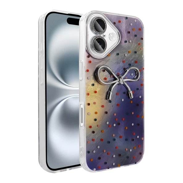 Apple iPhone 16 Plus Kılıf Kamera Korumalı Fiyonk Kalp Figürlü Ponti Kapak - 6