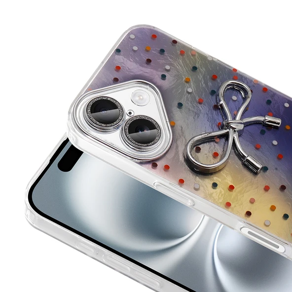 Apple iPhone 16 Plus Kılıf Kamera Korumalı Fiyonk Kalp Figürlü Ponti Kapak - 3