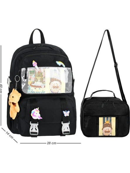 Waddell Kawaii Kore Tarzı Aksesuarlı İlkokul Sırt ve Beslenme Çantası Siyah 25001