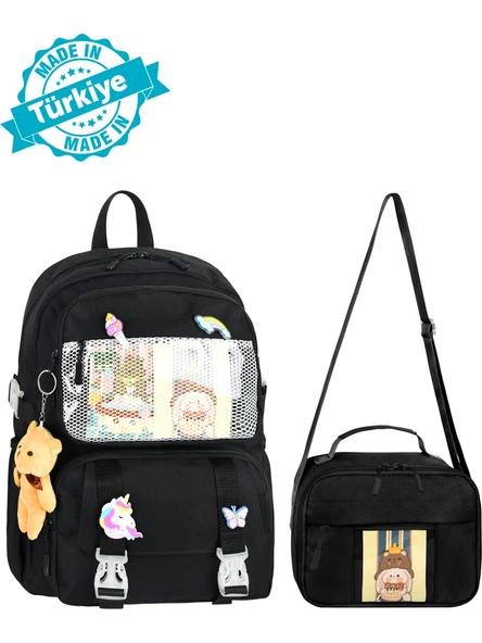 Waddell Kawaii Kore Tarzı Aksesuarlı İlkokul Sırt ve Beslenme Çantası Siyah 25001 - Resim 2