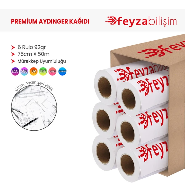 Feyza Bilişim Plotter Aydınger (Çizim) Kağıdı  92gr  Rulo 75cm x 50mt (6 Rulo)