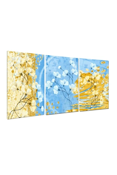 Mavi Çiçekler Triple Miyrem-Cam Tablo - 2