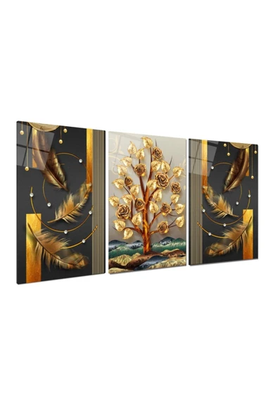 Gül Ağacı Triple Miyrem-Cam Tablo - 2