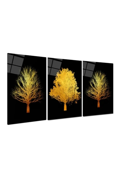Gold Ağaçlar Triple Miyrem-Cam Tablo - 2