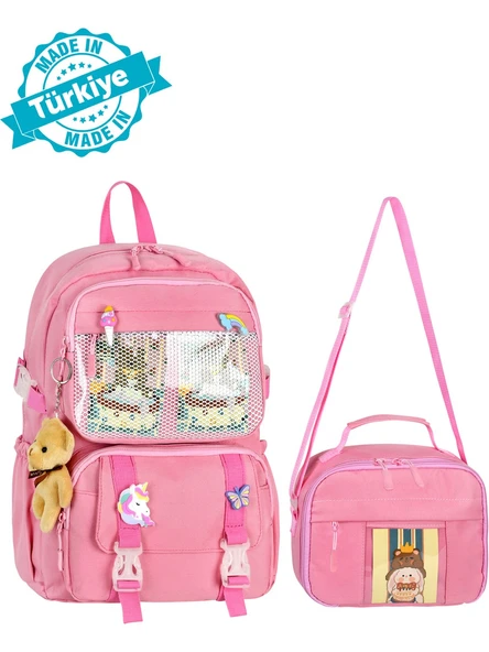 Waddell Kawaii Kore Tarzı Aksesuarlı İlkokul Sırt ve Beslenme Çantası Pembe 25001 - 2