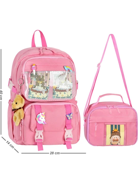 Waddell Kawaii Kore Tarzı Aksesuarlı İlkokul Sırt ve Beslenme Çantası Pembe 25001