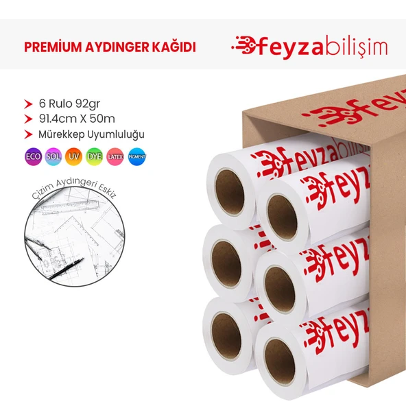 Feyza Bilişim Plotter Aydınger (Çizim) Kağıdı  92gr  Rulo 91.4cm x 50mt (6 Rulo) - 1