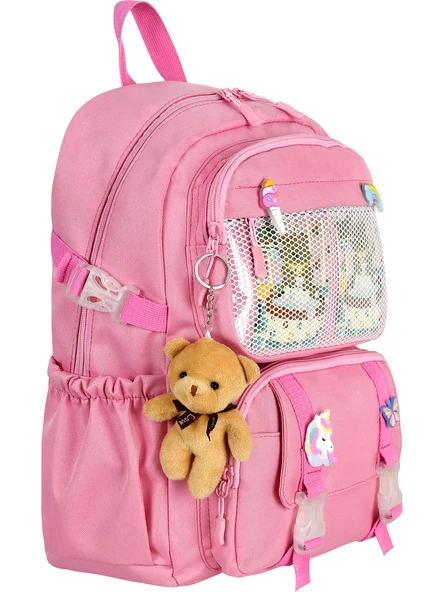 Waddell Kawaii Kore Tarzı Aksesuarlı İlkokul Sırt ve Beslenme Çantası Pembe 25001 - 3