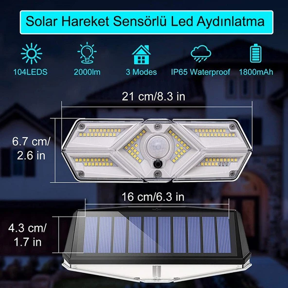 Greentech Güneş Enerjili Hareket Sensörlü, 6 Taraflı 104 Led Aydınlatma / GT-SL13-2 Adet - 4