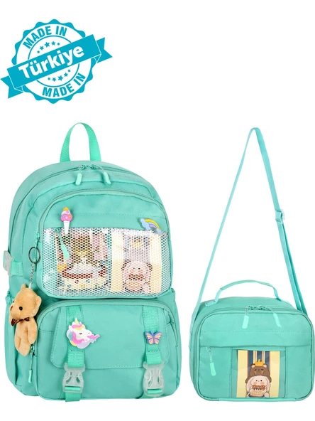 Waddell Kawaii Kore Tarzı Aksesuarlı İlkokul Sırt ve Beslenme Çantası Su Yeşili 25001 - 2