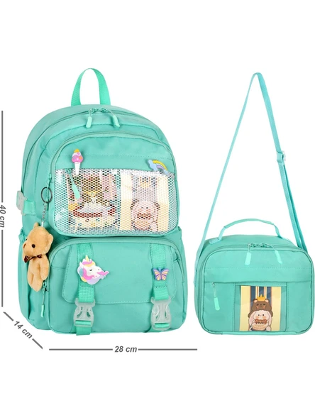 Waddell Kawaii Kore Tarzı Aksesuarlı İlkokul Sırt ve Beslenme Çantası Su Yeşili 25001