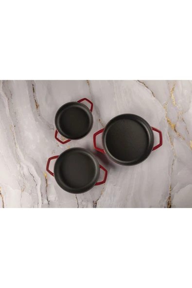 HOSSE döküm yuvarlak çift kulplu sahan 22 cm kırmızı - 8