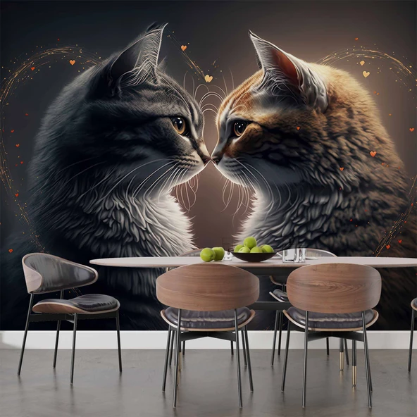 Sevgi Dolu Kedi Temalı Duvar Kağıdı Baskı - 5
