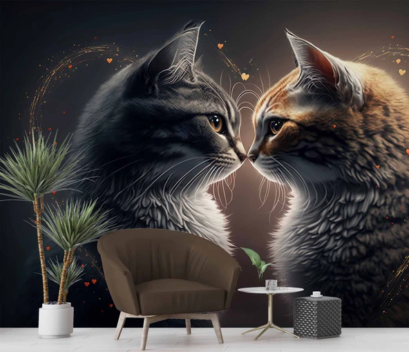 Sevgi Dolu Kedi Temalı Duvar Kağıdı Baskı - 6