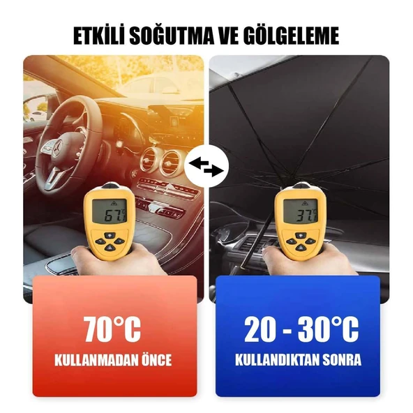 Oto Güneşlik ve Şemsiye Tutucu Seti – Katlanabilir Ön Cam Güneşliği 140x75 cm ve Araç İçi Organizer Askı - 7