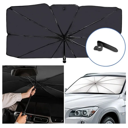 Oto Güneşlik ve Şemsiye Tutucu Seti – Katlanabilir Ön Cam Güneşliği 140x75 cm ve Araç İçi Organizer Askı - 2