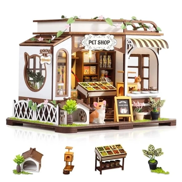 GuDoQi 1:24 Ölçekli DIY Minyatür Oyuncak Ev Seti Mobilyalı Pet Shop