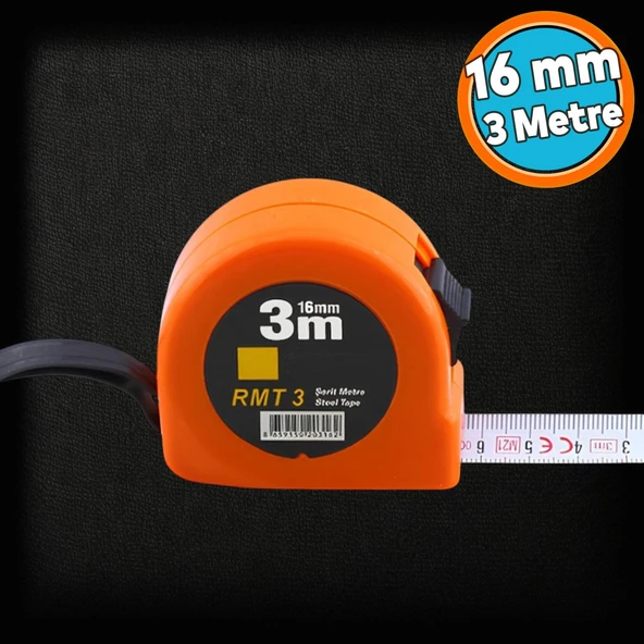 Şerit Metal Bükülebilir Metre Plastik Kasalı 3 m x 16 mm Turuncu Renk Düğmeli Ölçüm Ölçme
