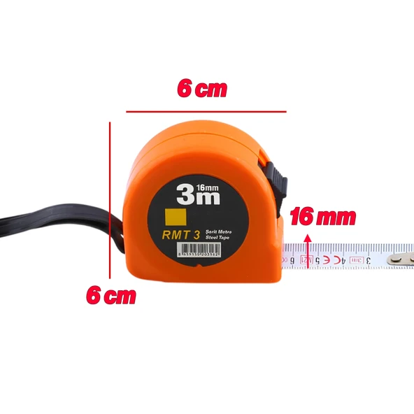 Şerit Metal Bükülebilir Metre Plastik Kasalı 3 m x 16 mm Turuncu Renk Düğmeli Ölçüm Ölçme - 2