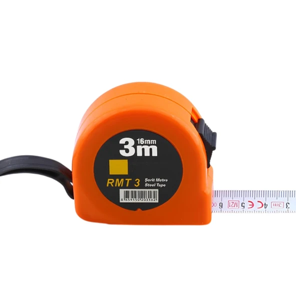 Şerit Metal Bükülebilir Metre Plastik Kasalı 3 m x 16 mm Turuncu Renk Düğmeli Ölçüm Ölçme - 4