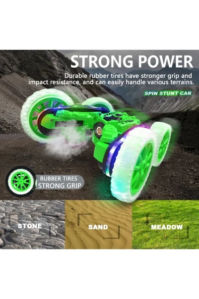 Vardem Uzaktan Kumandalı Ful Fonksiyon Şarjlı Işıklı, Buharlı Spin 360 Stunt Araba HG4-45 Yeşil - 2
