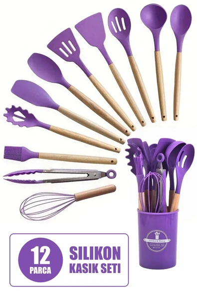 Tilbe Home 12Parça Silikon Kepçe Kevgir Spatula Kaşık Fırça Çırpıcı Servis Maşa Seti Bambu Mor Mutfak Takımı