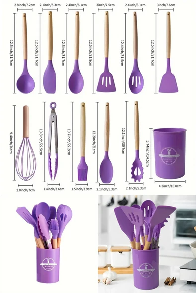 Tilbe Home 12Parça Silikon Kepçe Kevgir Spatula Kaşık Fırça Çırpıcı Servis Maşa Seti Bambu Mor Mutfak Takımı - Resim 2