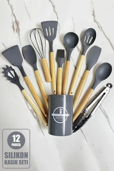 Tilbe Home 12Parça Silikon Kevgir Kepçe Çırpıcı Kaşık Spatula Maşa Servis Seti Bambu Saplı Gri Mutfak Takımı