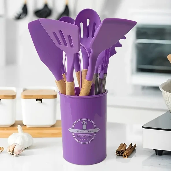 Tilbe Home 12Parça Silikon Kepçe Kevgir Spatula Kaşık Fırça Çırpıcı Servis Maşa Seti Bambu Mor Mutfak Takımı - Resim 3