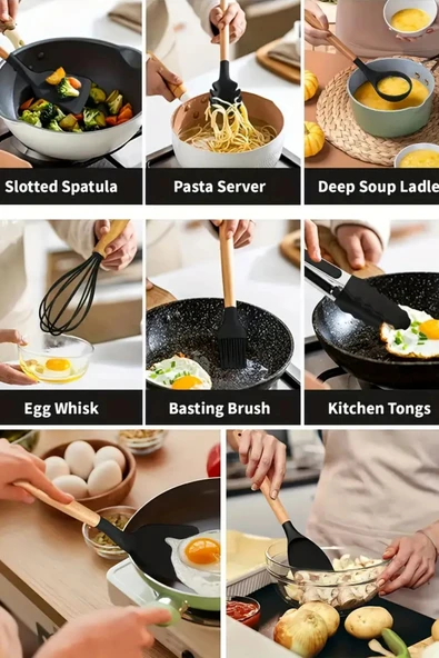 Tilbe Home 12'li Silikon Kevgir Kepçe Kaşık Fırça Spatula Çırpıcı Maşa Servis Seti Bambu Siyah Mutfak Takımı - 3