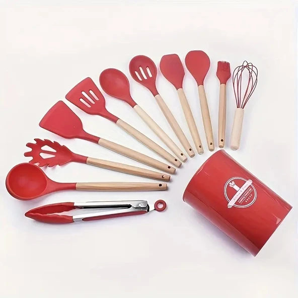 Tilbe Home 12'li Silikon Kevgir Kepçe Kaşık Fırça Spatula Çırpıcı Maşa Servis Seti Bambu Kırmızı Mutfak Takımı - Resim 2