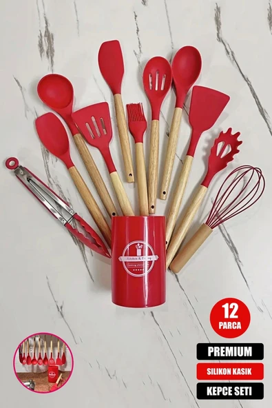 Tilbe Home 12'li Silikon Kevgir Kepçe Kaşık Fırça Spatula Çırpıcı Maşa Servis Seti Bambu Kırmızı Mutfak Takımı