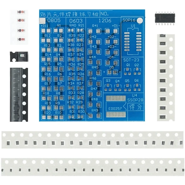 Smd Lehim Öğrenme Seti 62 Parça  Smt Elektronik Eğitim Kiti Deney Pratikleme Kartı Sop14 0603 0805 1206 Direnç Melf Diyot Sot23 Transistör